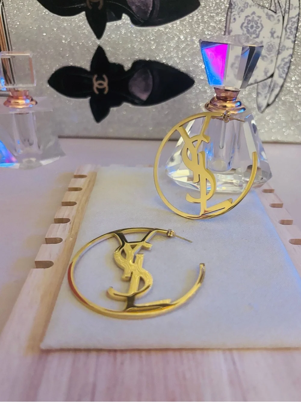 Gold filled Monogram Hoop Earrings - Designer-Inspired Home Accent Display